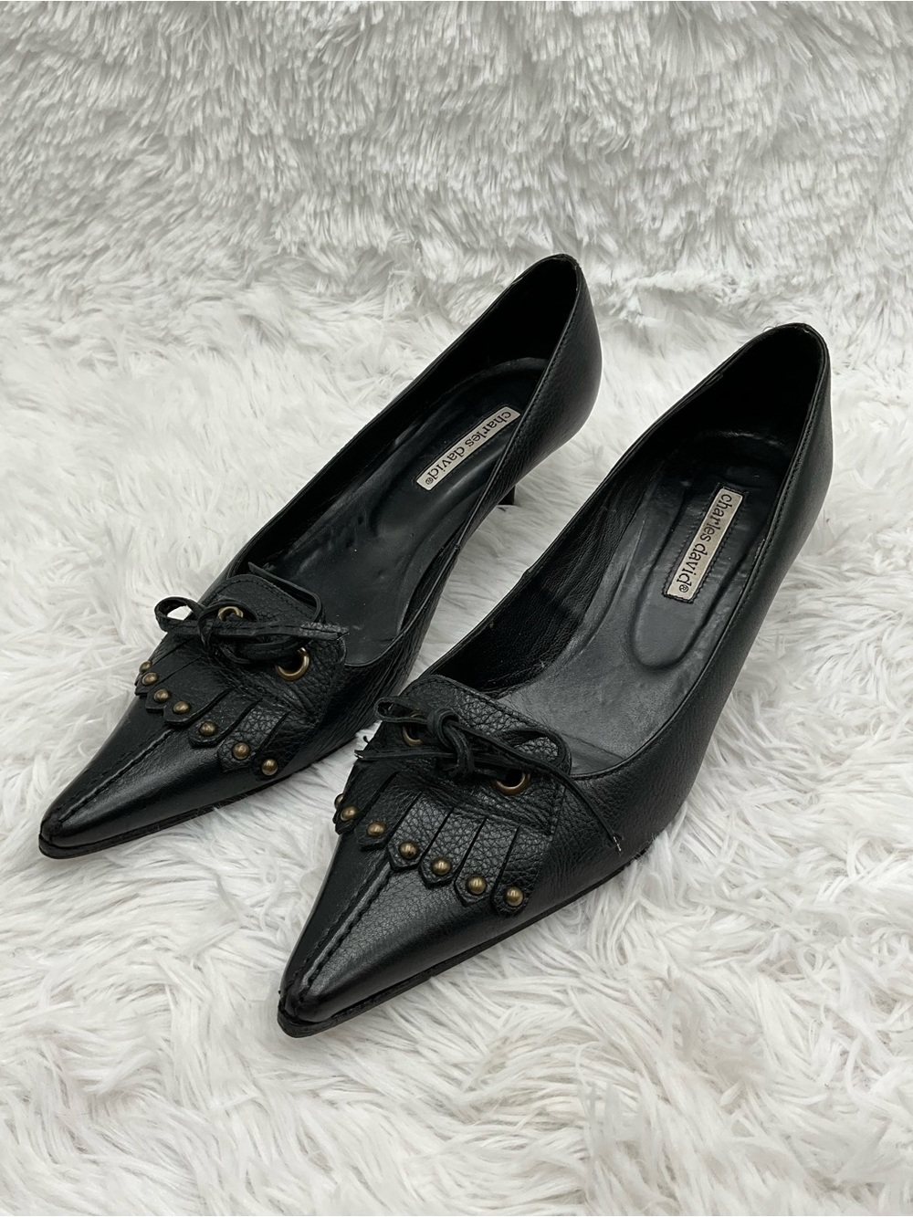 Charles David Pumps Size 8.5 Black Leather Pointed Toe Kitten Heel Made in Spain